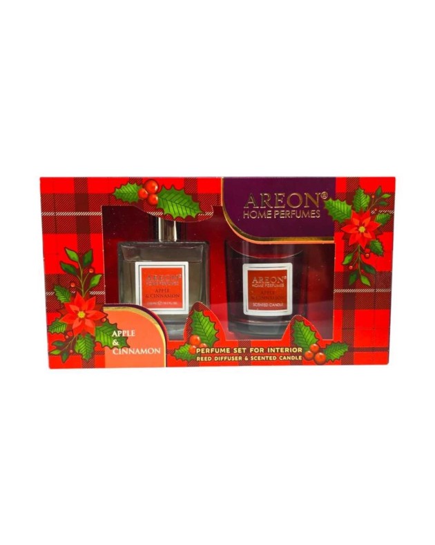 Rinkinys, namų kvapas ir žvakė Areon Apple and Cinnamon, 150 ml