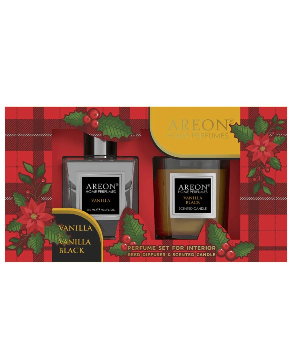 Rinkinys, namų kvapas ir žvakė Areon Black Vanilla, 150 ml